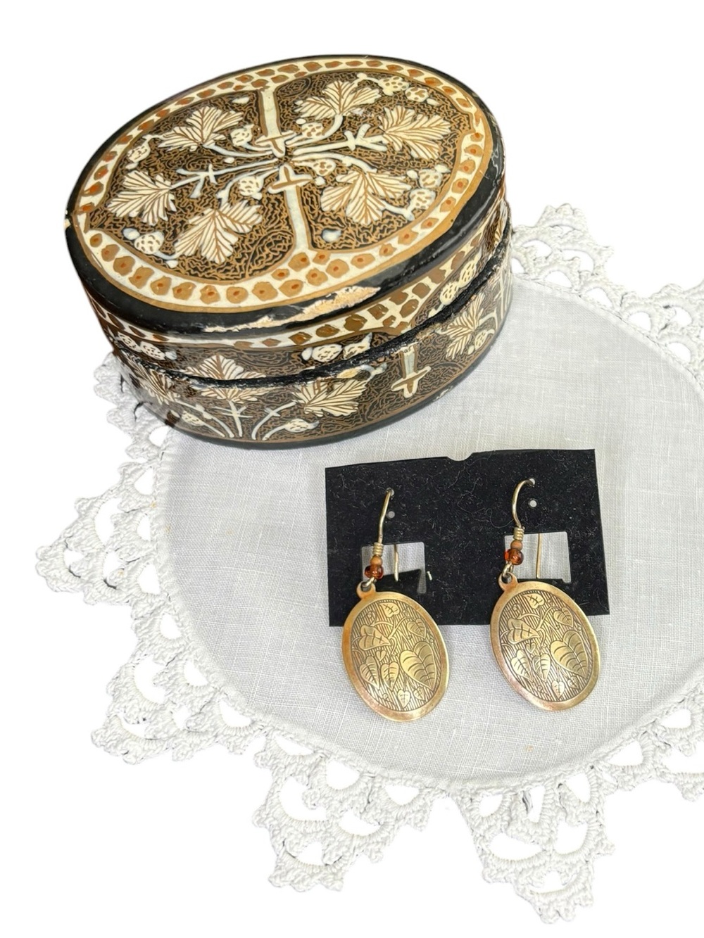 Vintage Kashmir India Hand Painted Trinket Box + Vintage Brass Etched earrings
